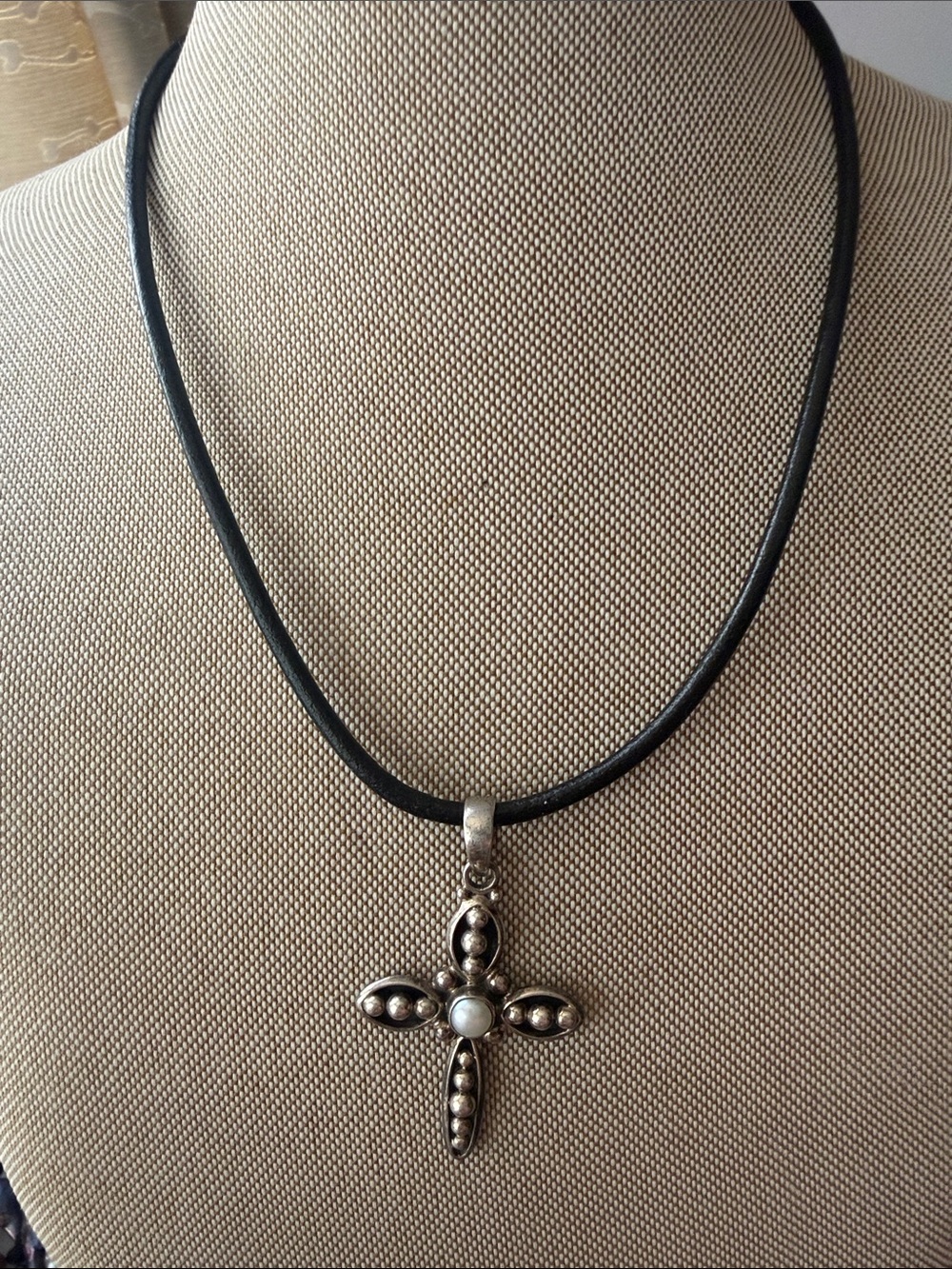 Silpada 925 Cross Pendant Necklace with Pearl Accent on Leather 925 ClaspCord